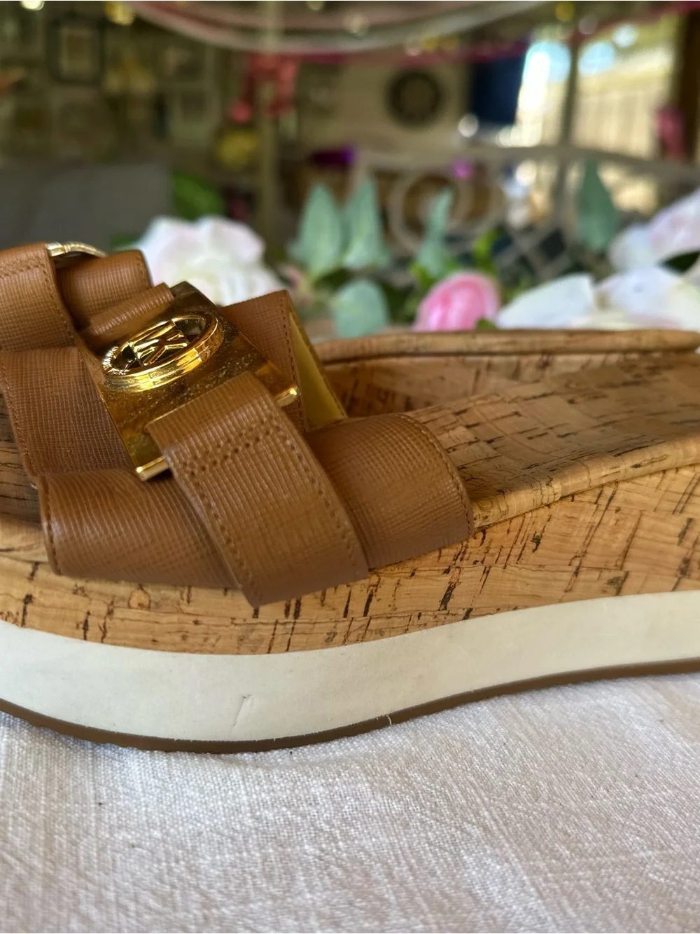 Michael Kors Brown Cork Wedge Sandals with Gold Accent